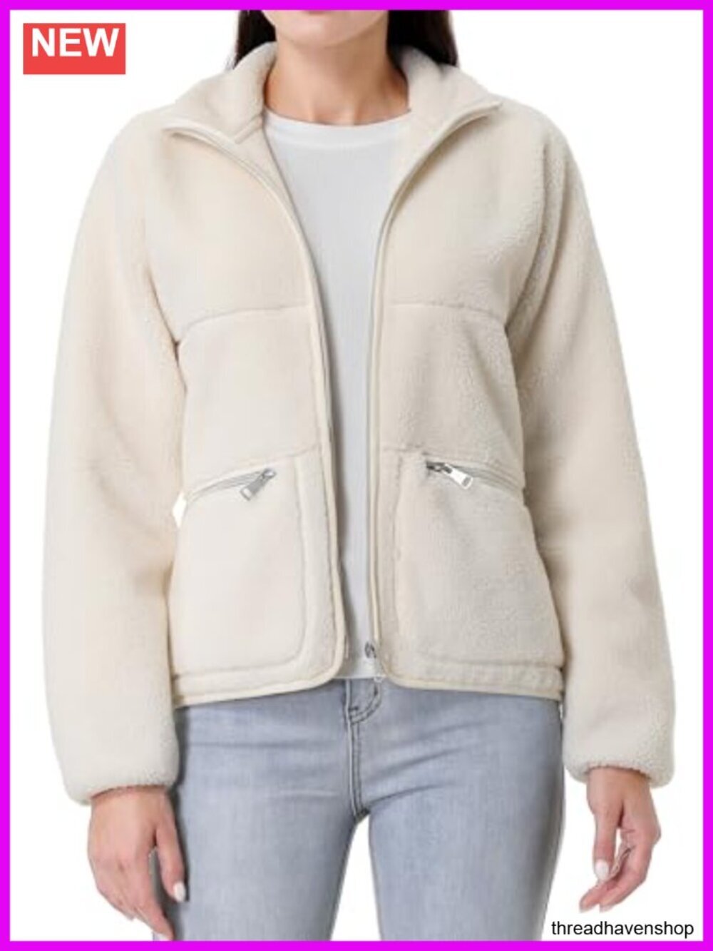 Long Sleeve Zip Up Sherpa Coat Soft Polar Fleece Jacket with Zipper Pockets - Picture 2 of 4